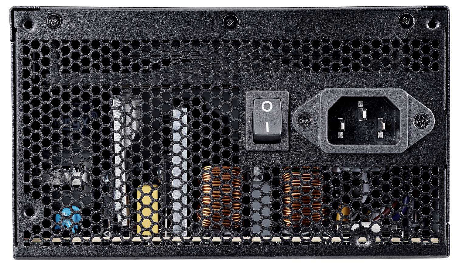 Computer-Netzteil Rückseite mit Lüftungsgitter, Netzschalter und Netzsteckdose.