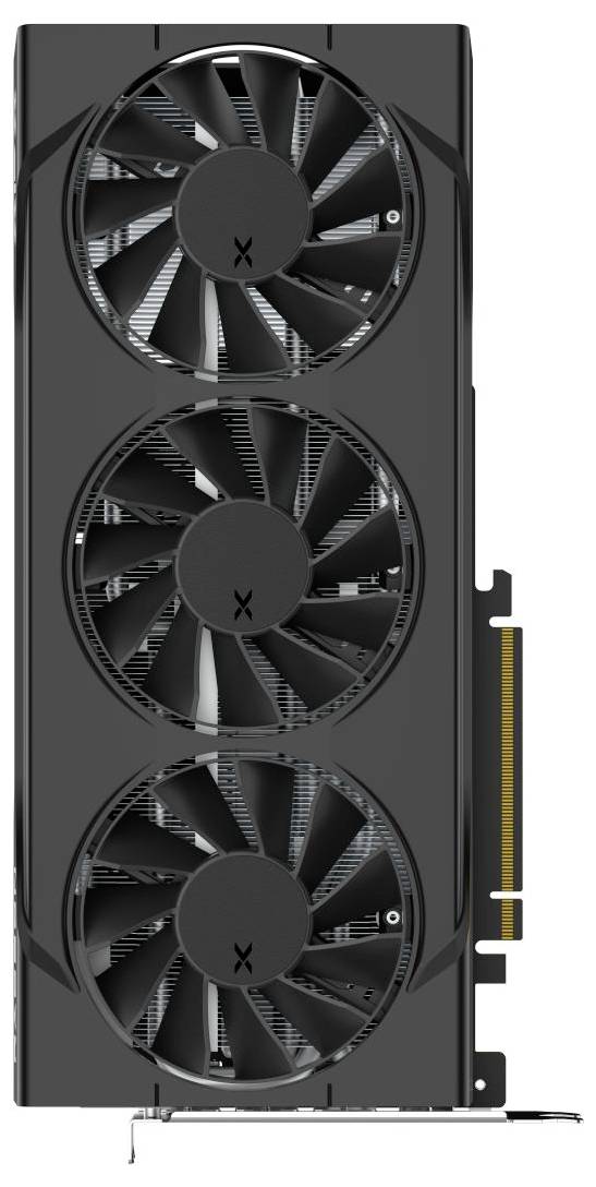 Eine Grafikkarte mit drei großen Kühlventilatoren in dreieckiger Anordnung. Die Seite weist einen goldenen Anschluss auf. Das Design ist schlank und modern.