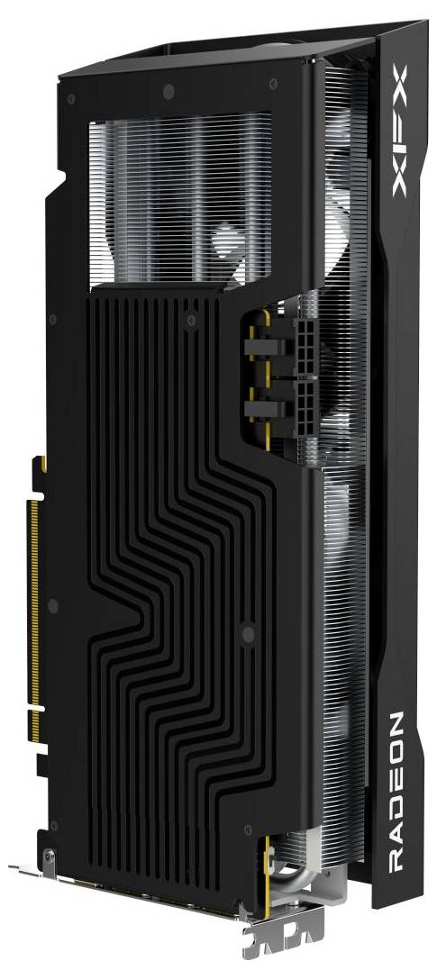 Eine leistungsstarke Grafikkarte mit elegantem Design, auffälligen Kühlrippen und schwarzer Außenhülle, beschriftet mit 'RADEON' und 'XFX'.