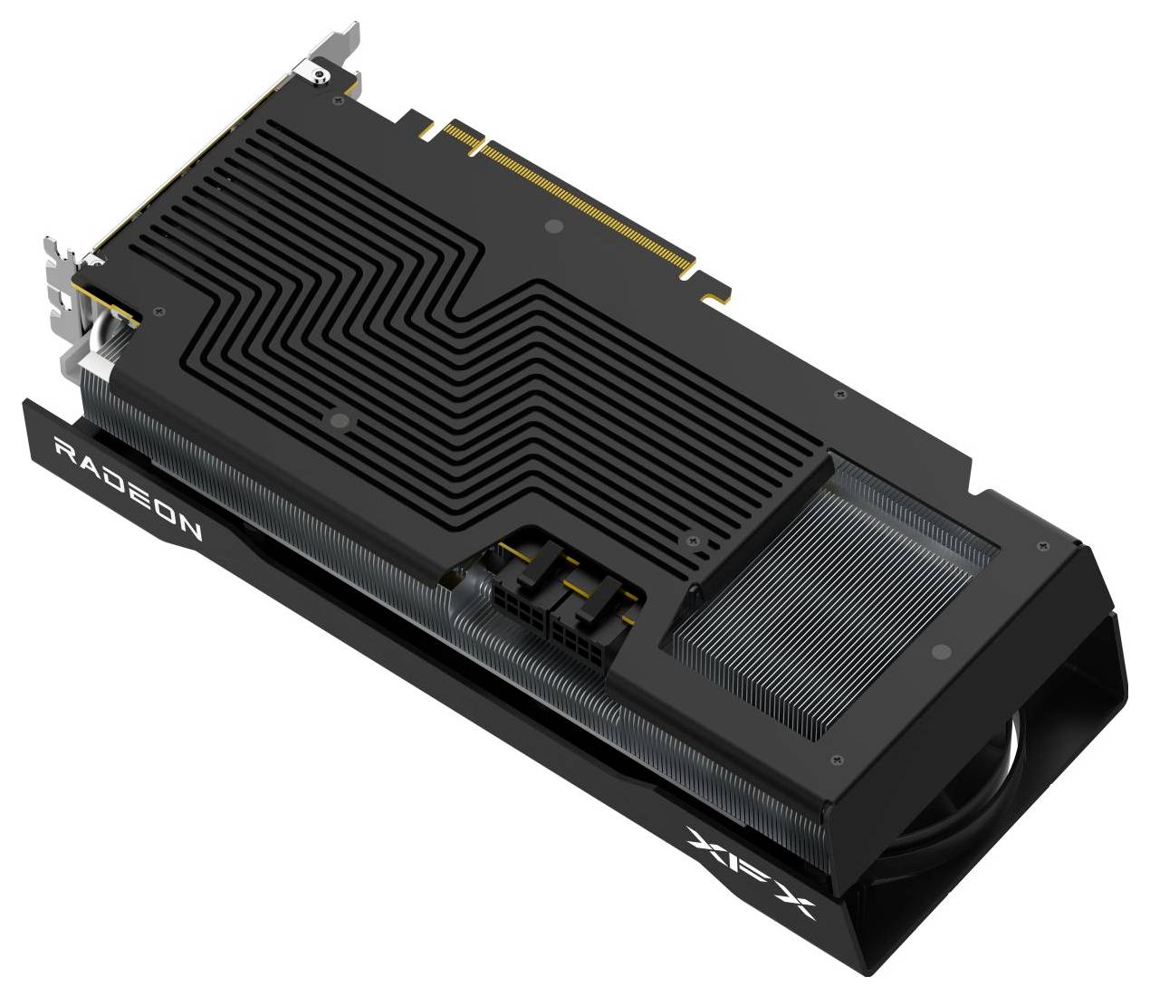 Eine Grafikkarte mit einem schwarzen Kühlkörper und Lüfterabdeckung, die Markenbranding und elektronische Komponenten präsentiert.