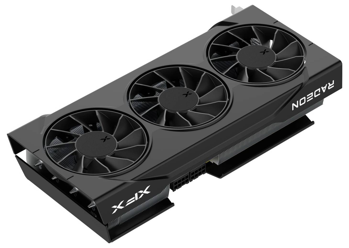 Eine schwarze Radeon-Grafikkarte mit drei Kühlventilatoren und dem XFX-Logo, entwickelt für High-Performance-Gaming oder Rechenaufgaben.