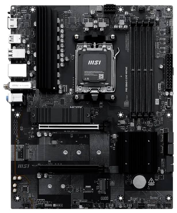 Ein Computermainboard mit mehreren Anschlüssen, einem CPU-Sockel, RAM-Steckplätzen und erweiterbaren PCI-Steckplätzen, entwickelt für leistungsintensive Aufgaben.
