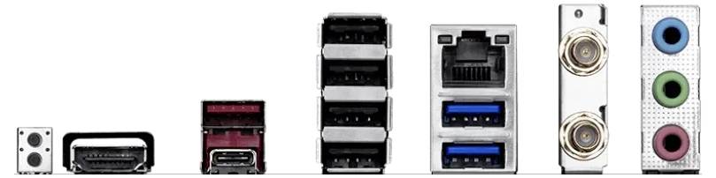 Verschiedene Computeranschlüsse: USB, HDMI, Ethernet, Audioeingabe/-ausgabe. Jeder Anschluss unterstützt unterschiedliche Konnektivitätsoptionen.