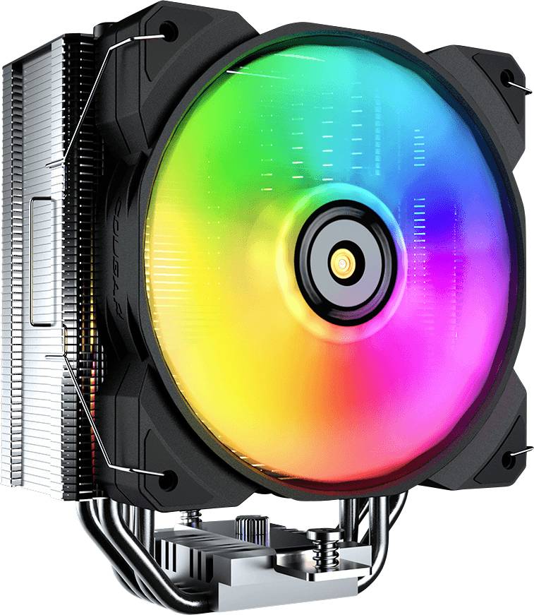 Ein CPU-Kühler für Computer mit einem großen Lüfter, der buntes RGB-Licht ausstrahlt, montiert auf einem Kühlkörper mit Metalllamellen und Wärmerohrern.
