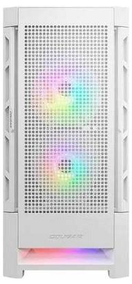 Ein weißes Computer-Tower-Gehäuse mit zwei vorderen RGB-Lüftern und Mehrfarben-Beleuchtung.