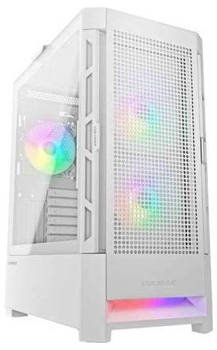 Ein weißer Computer-Tower mit Glasseitenpanel präsentiert leuchtende, mehrfarbige RGB-Beleuchtung im Inneren, die von internen Komponenten ausstrahlt.