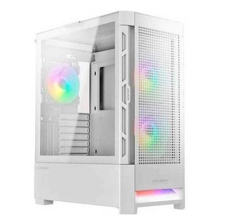 Ein weißes Gaming-PC-Gehäuse mit transparenten Seitenpanels und bunter RGB-Beleuchtung, die im Inneren sichtbar ist, speziell für die Präsentation der Komponenten entwickelt.