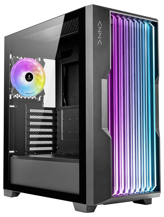 Ein schwarzes Computergehäuse mit einer transparenten Seitenscheibe, das einen RGB-Kühlventilator im Inneren und vertikale RGB-Lichtleisten an der Frontseite präsentiert.