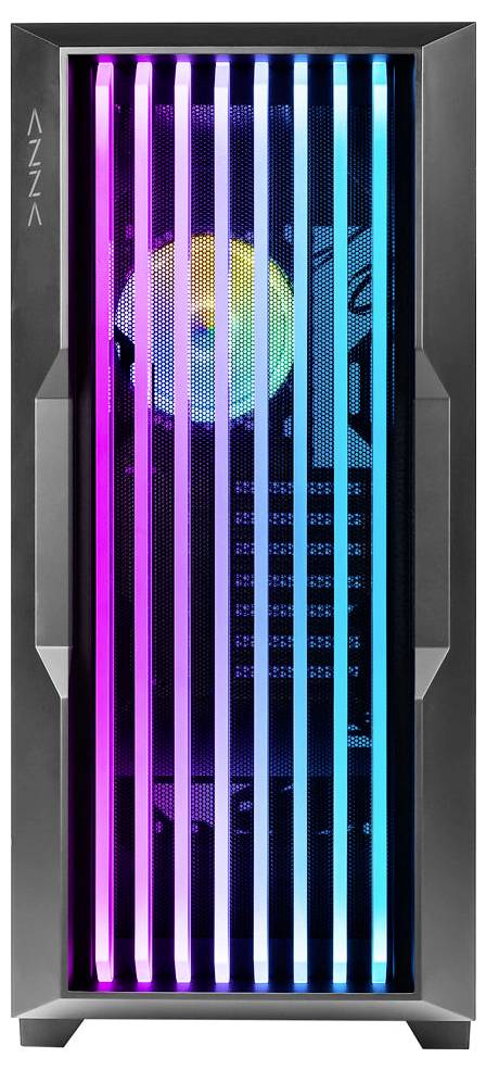 Ein Computergehäuse mit vertikalen LED-Streifen in Rosa und Blau und einem sichtbaren Lüfter im Inneren mit mehrfarbiger Beleuchtung.