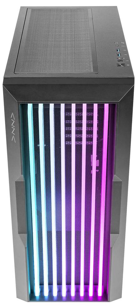 Computergehäuse mit vertikalen RGB-LED-Leuchten, ausgestattet mit einem Frontpanel aus Mesh-Gewebe. Der Markenname 'AZZA' ist seitlich sichtbar.