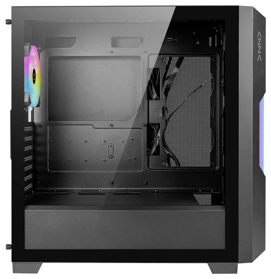 Ein transparenter PC-Gehäuse mit mehrfarbigen LED-Lüftern, der interne Fächer und Kabelmanagement-Optionen präsentiert, mit der Beschriftung 'AZZA'.