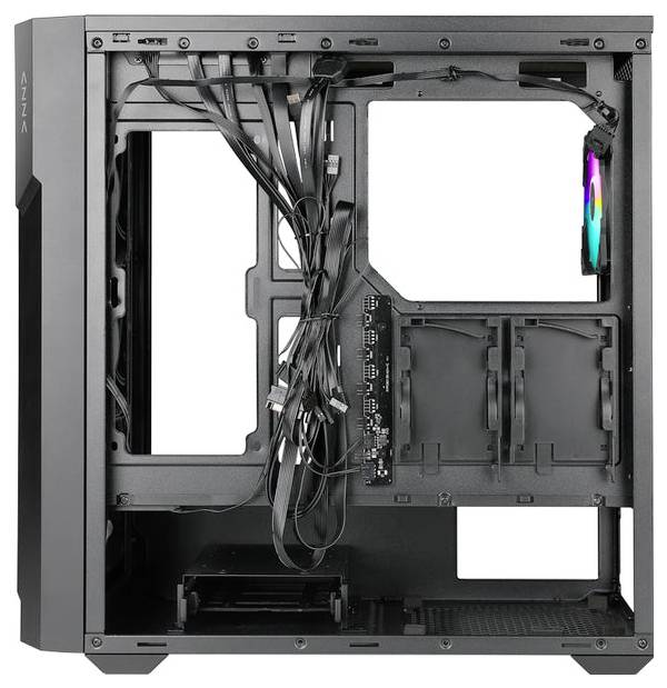 Ein offener Computer-Turm-Gehäuse, der die interne Struktur mit Kabelmanagement und Lüfterschlitz zeigt. Geeignet für den Aufbau eines individuellen PC-Setups.