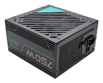 750-Watt-Netzteil mit einem schwarz-blauen Design, ausgestattet mit belüfteten Öffnungen oben und seitlich zur Kühlung, und standardmäßigem Stromanschluss auf der Rückseite.