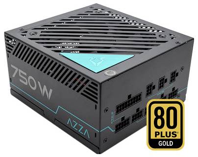 750W AZZA Netzteil mit 80 Plus Gold Zertifizierung, ausgestattet mit mehreren Anschlussports an der Seite.