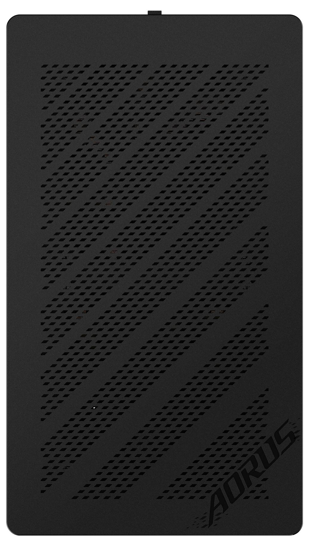 Schwarzes Computergehäuse mit diagonalen Lüftungsmustern und 'AORUS' Logo in der unteren rechten Ecke.