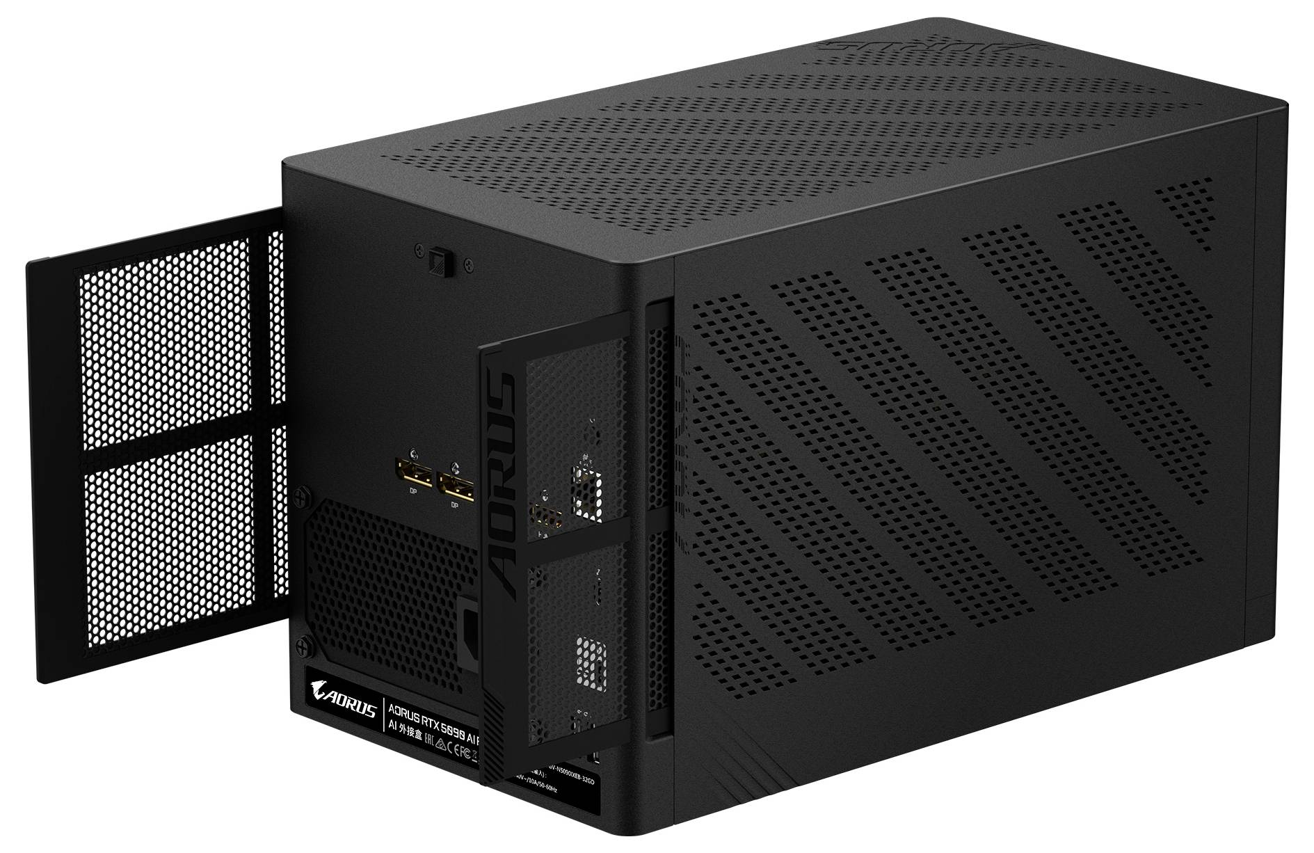 Eine schwarze AORUS externe Grafikeinheit mit Gitterpaneelen, sichtbaren Anschlüssen und einem offenen Rückenpanel.