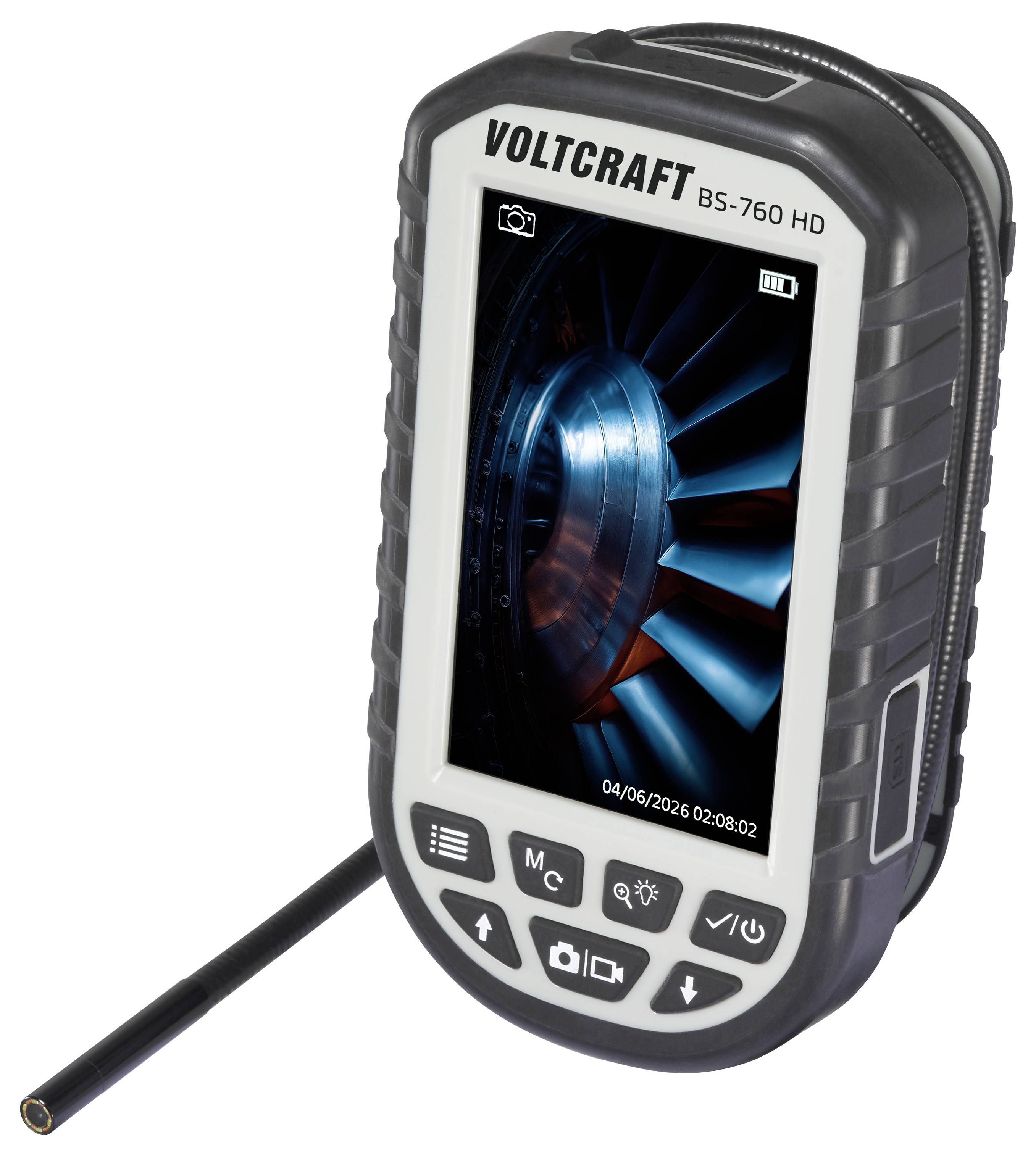 Tragbare VOLTCRAFT BS-760 HD Inspektionskamera mit Sonde und Farbbildschirm mit Nahaufnahme von Turbinenschaufeln.