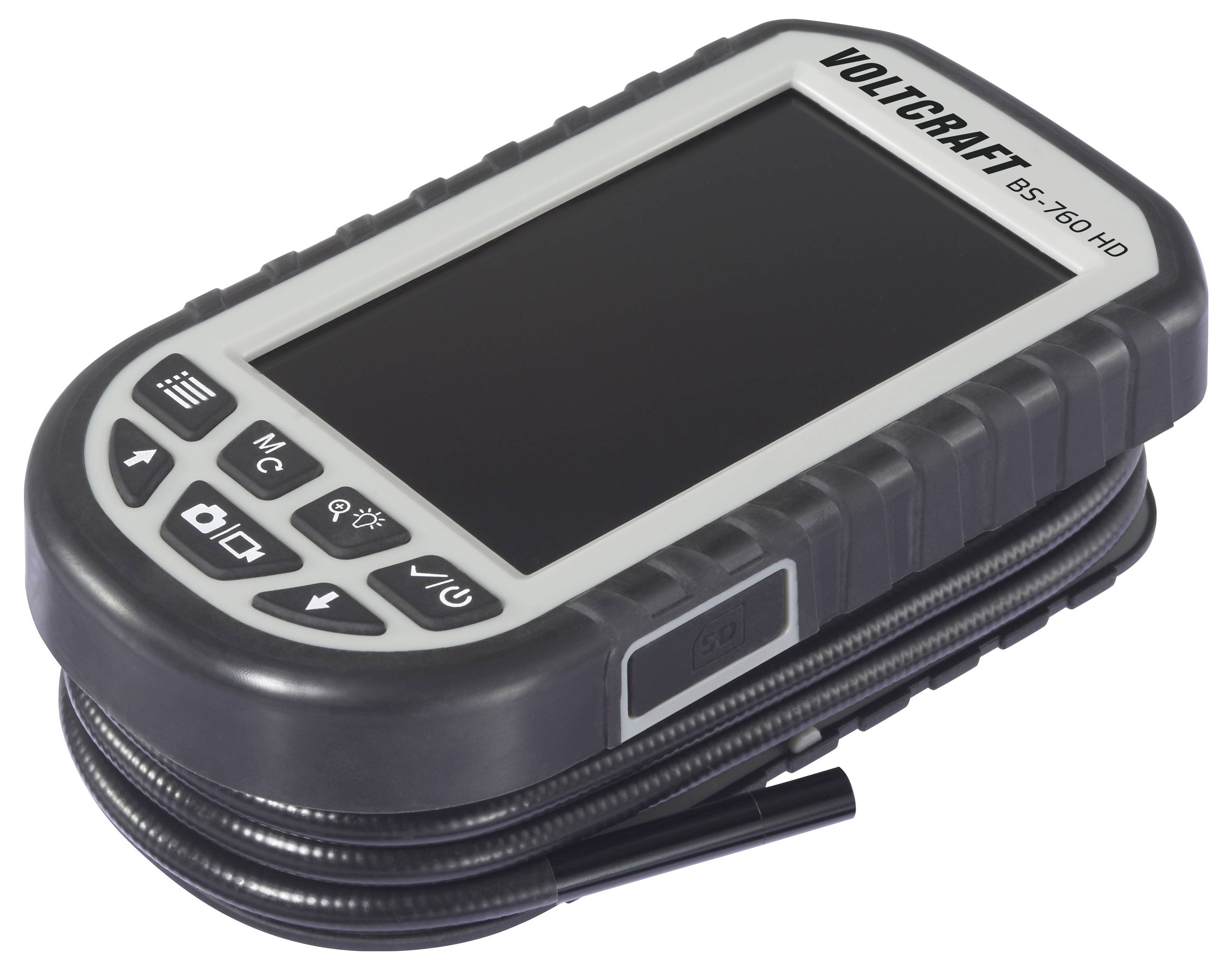 Tragbare VOLTCRAFT BS-250 HD Inspektionskamera mit Bildschirm und angebrachter flexibler Kabelsonde.