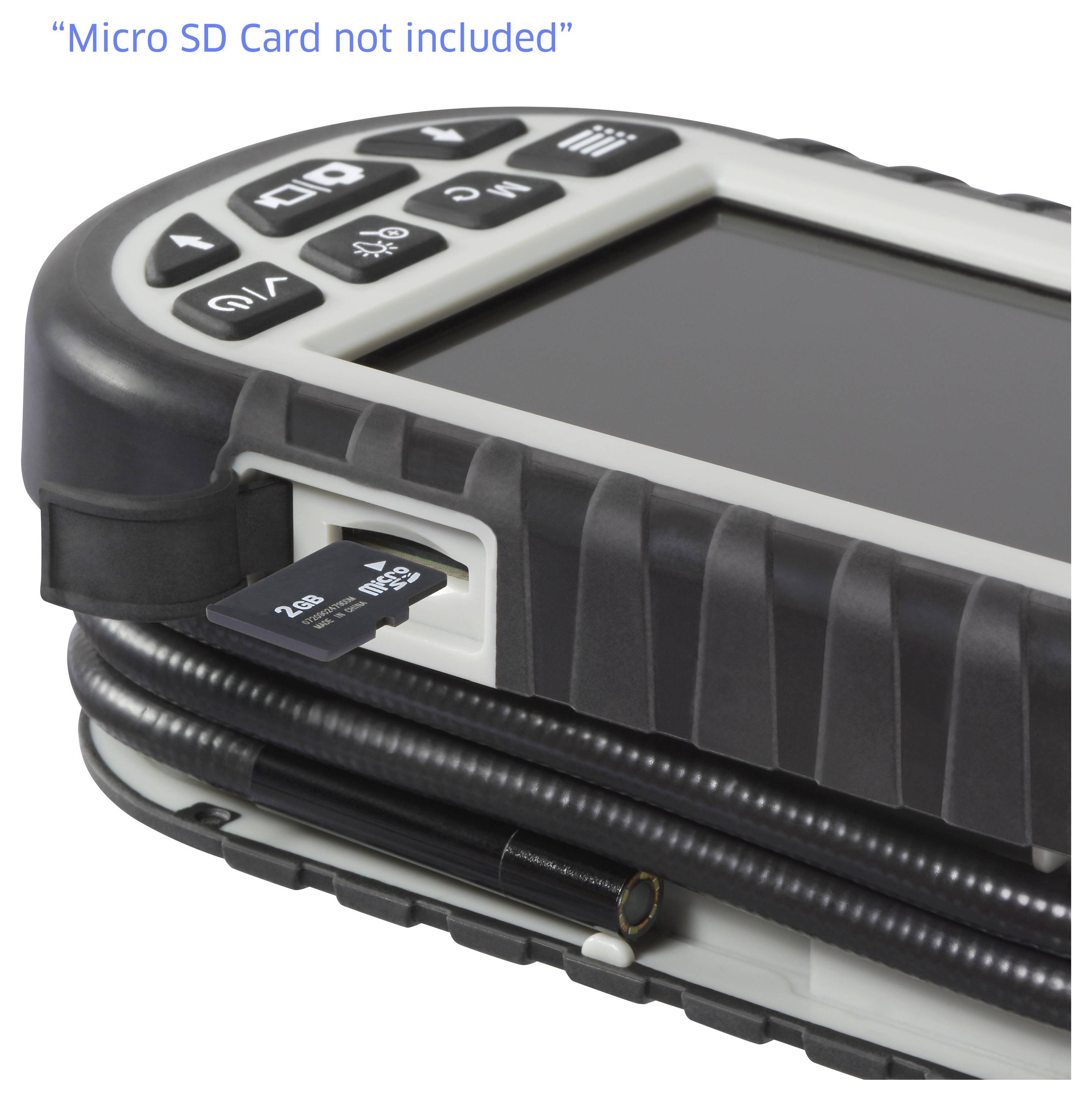 Robustes tragbares Gerät mit teilweise eingesteckter Micro-SD-Karte; Text lautet „Micro-SD-Karte nicht im Lieferumfang enthalten