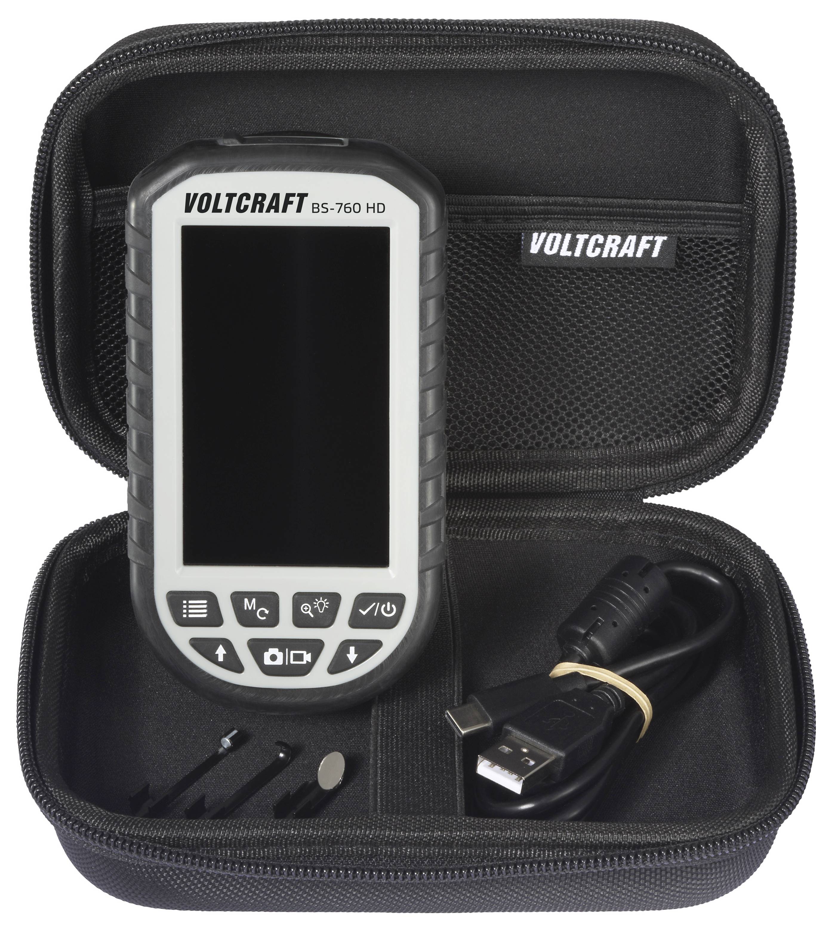 VOLTCRAFT BS-760 HD tragbare Inspektionskamera-Set in einem Reißverschluss-Koffer mit Bildschirm, Kabeln und Zubehör.