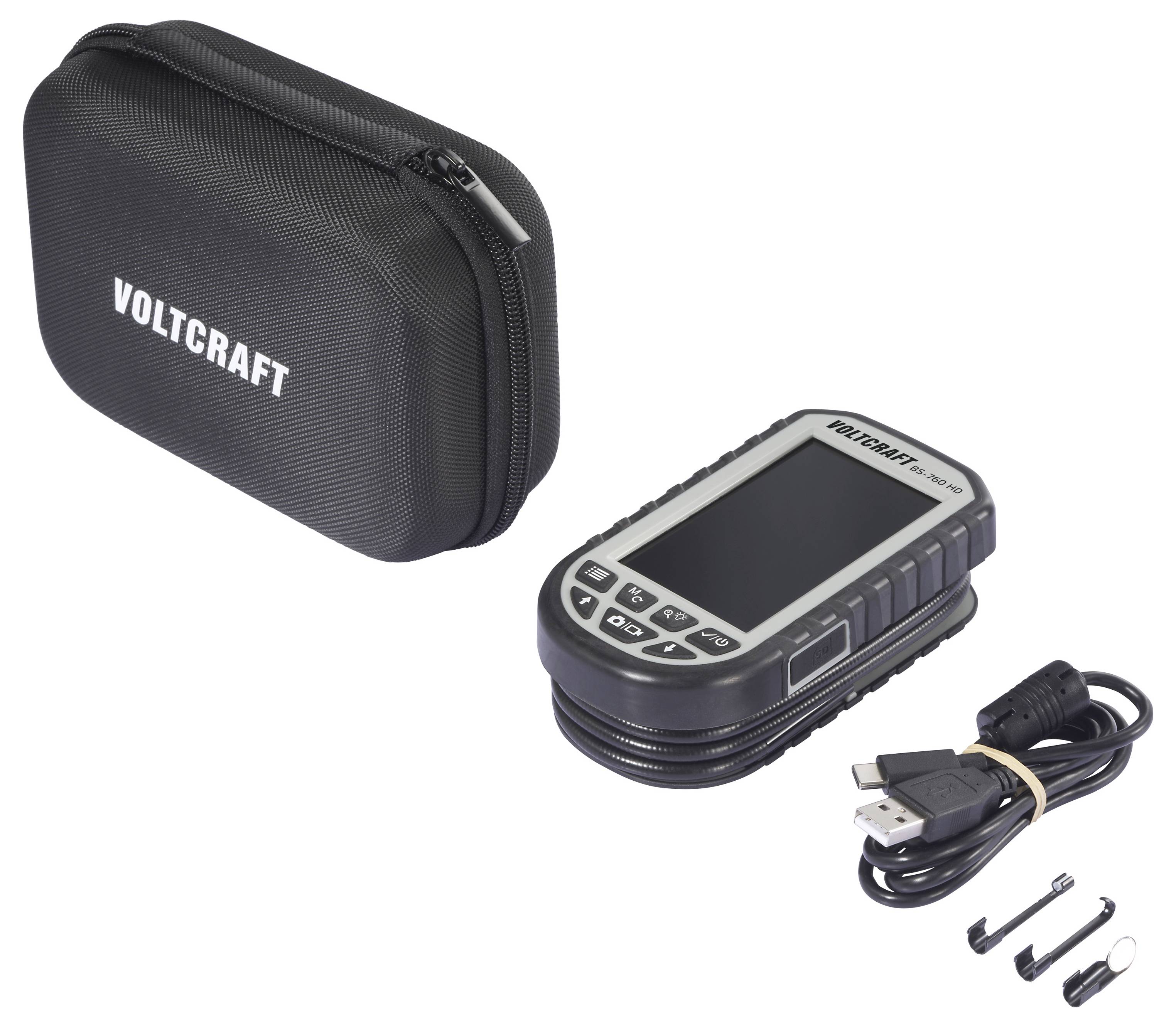 Voltcraft tragbares elektronisches Gerät mit Transporttasche, USB-Kabel und kleinen Zubehörteilen auf weißem Hintergrund angezeigt.
