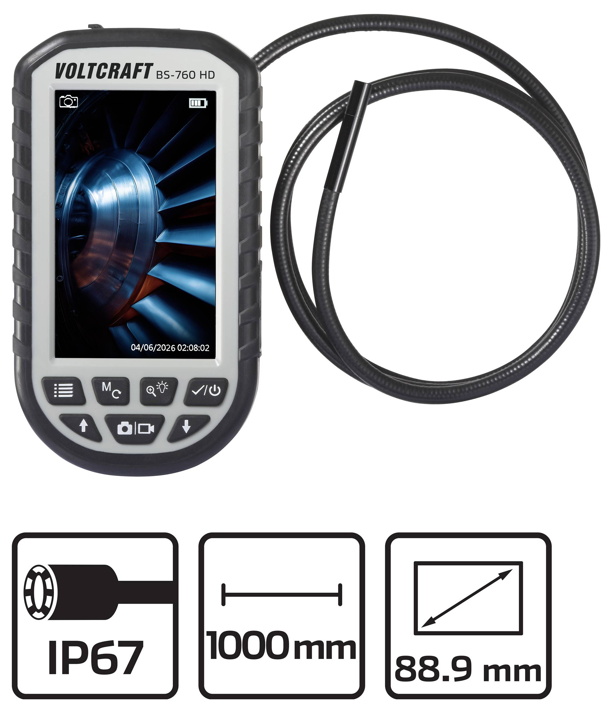 VOLTCRAFT BS-760 HD Endoskop Sonden-Ø: 5.5mm Sonden-Länge: 1m Wärmebild Kamera im Gehäuse Akku 18650