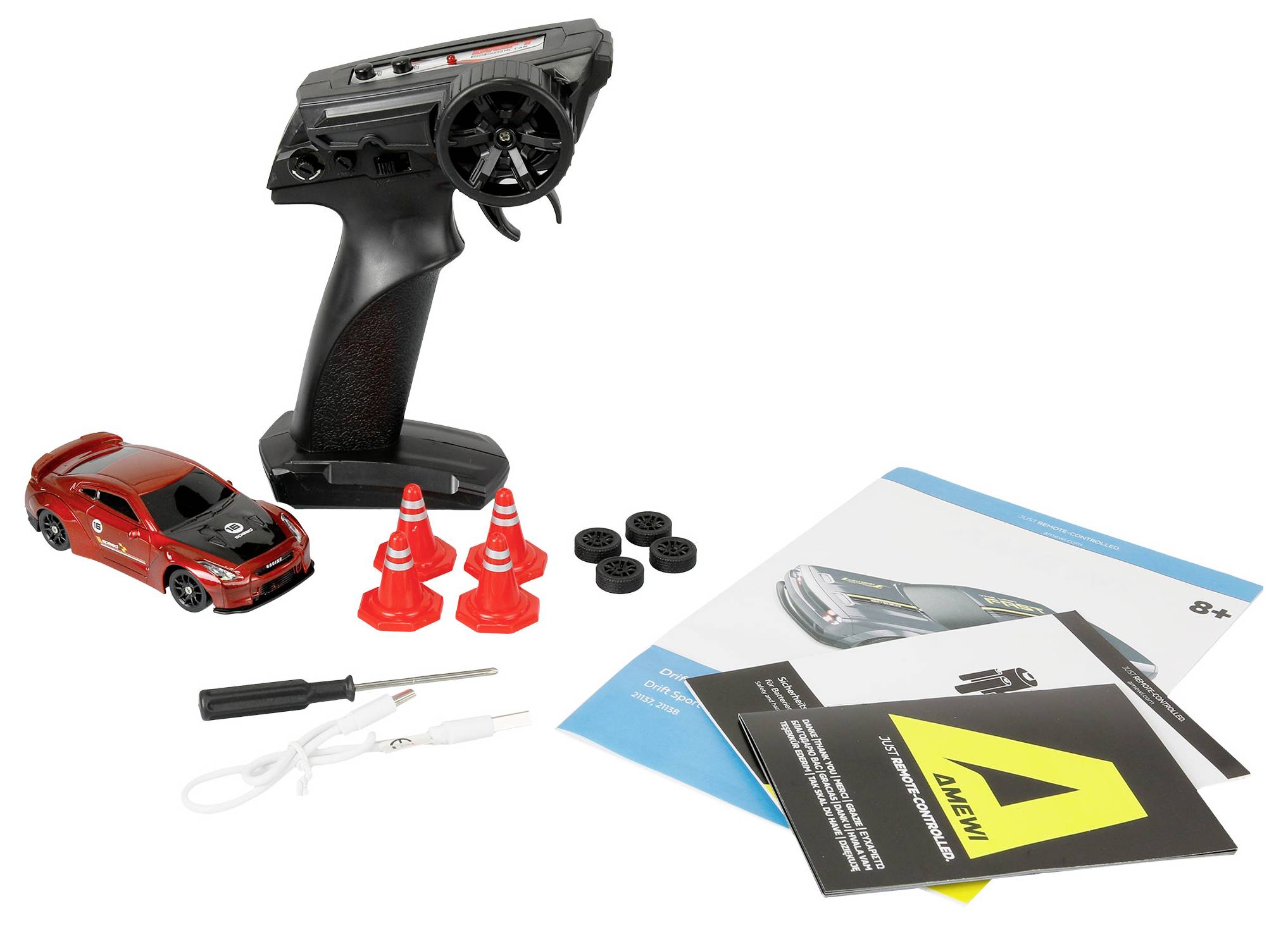 Ein ferngesteuertes Autoset umfasst ein rotes Auto, eine Fernbedienung, orangefarbene Leitkegel, Ersatzreifen, einen Schraubendreher, ein USB-Kabel und eine Bedienungsanleitung.