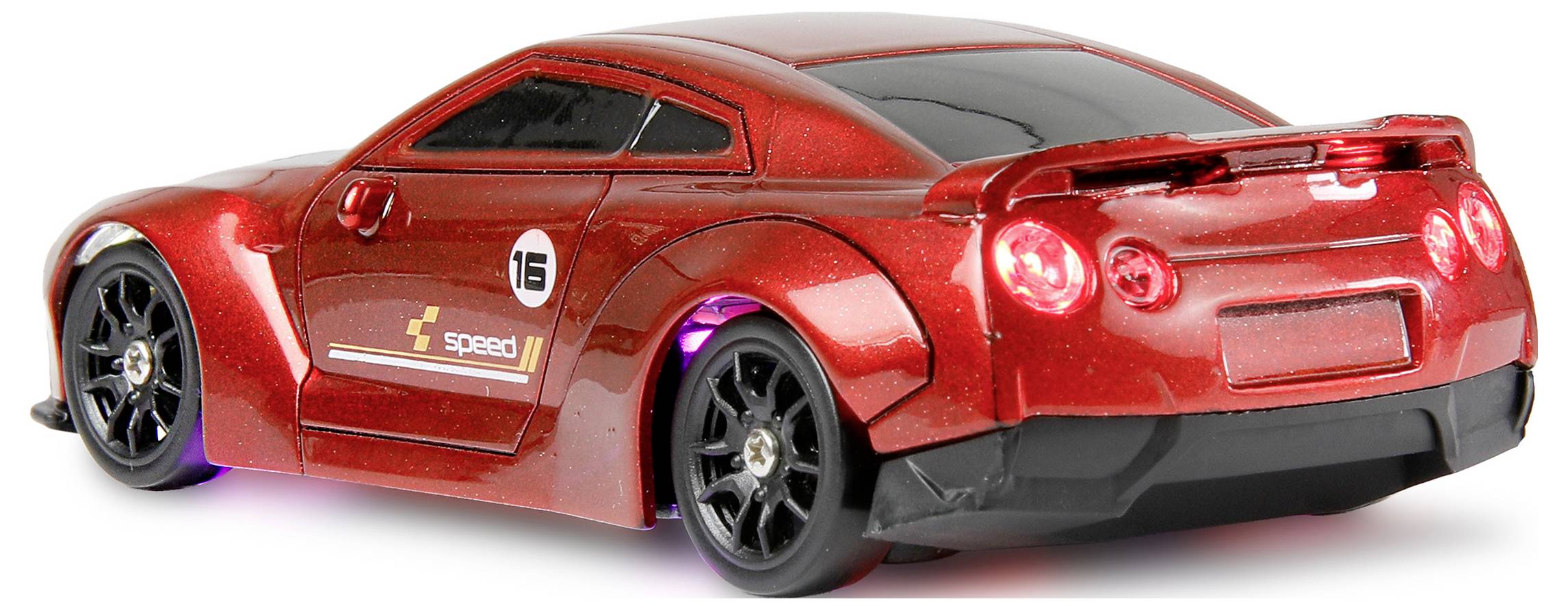 Ein roter Spielzeug-Rennwagen mit schwarzen Rädern, von der Rückseite gesehen. Er trägt die Nummer '16' und ein Speed-Logo an der Seite und zeigt ein sportliches Design.