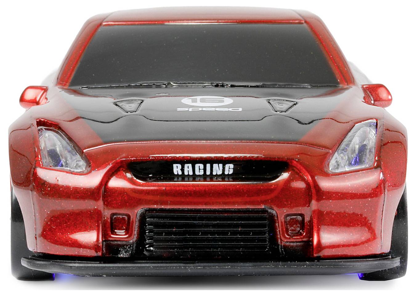 Ein roter Spielzeug-Sportwagen mit dem Wort ‚RACING' auf der Front, von vorne betrachtet, der ein schlankes Design und detaillierte Merkmale präsentiert.