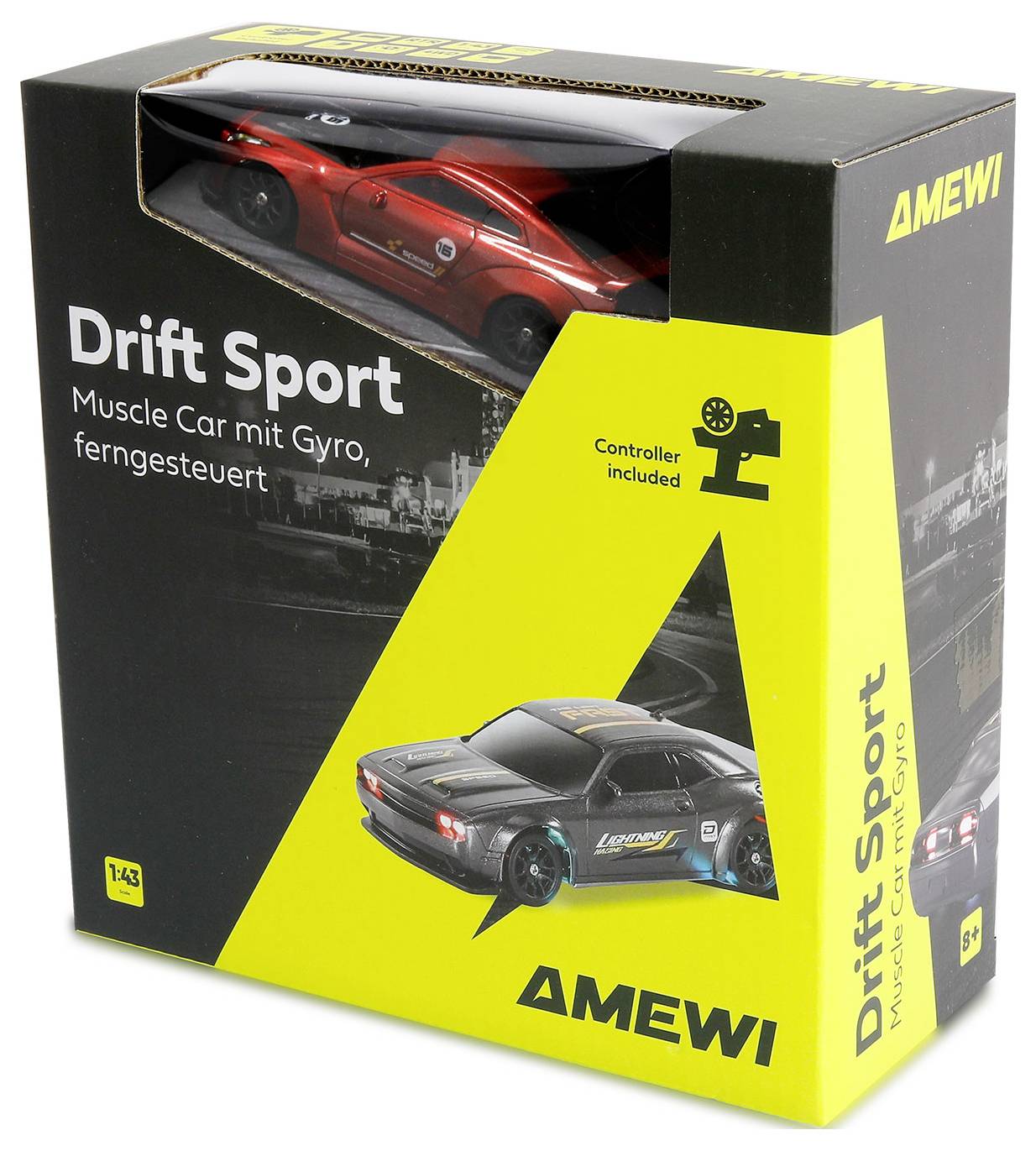 'Drift Sport' Spielzeugauto-Verpackung mit einem roten Modellfahrzeug. Highlights umfassen 'Muscle Car mit Gyro, ferngesteuert' und 'Controller inklusive.'
