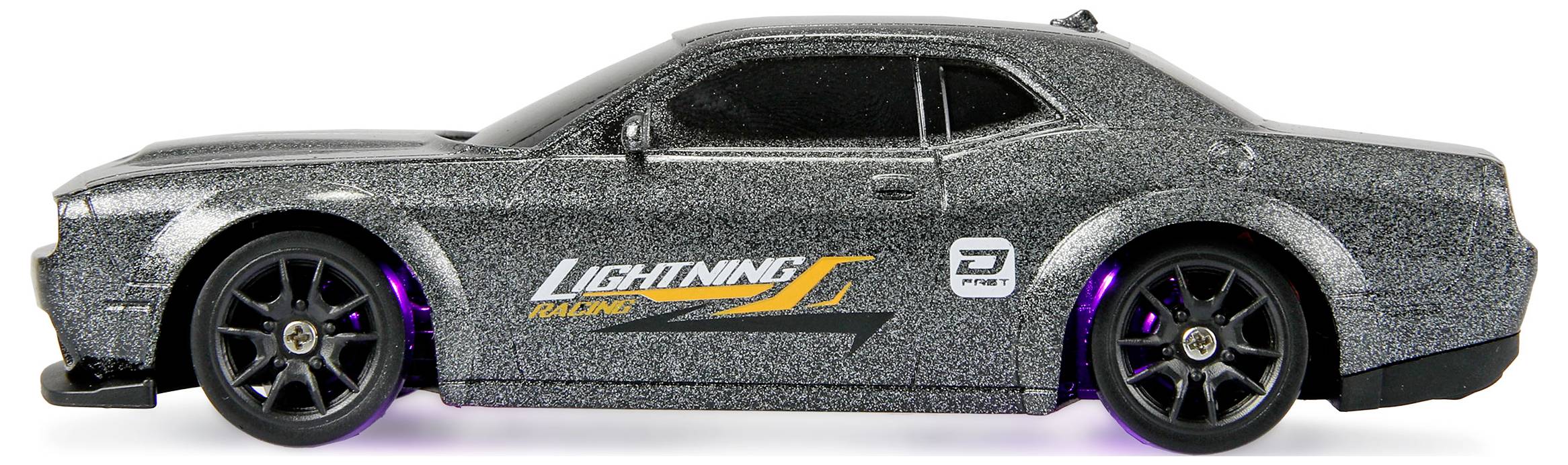 Ein metallisches Spielzeugauto mit einem 'Lightning'-Aufkleber an der Seite, ausgestattet mit schwarzen Rädern und einem schlichten Design.