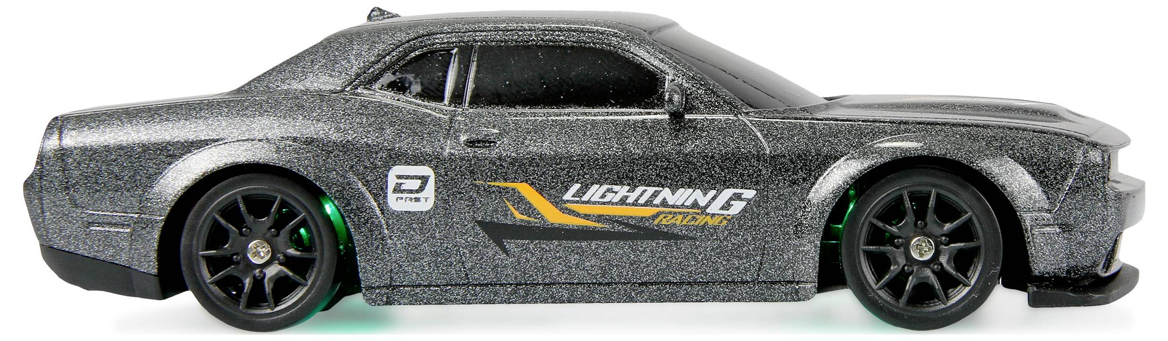 Ein graues Spielzeugauto mit 'Lightning Racing' Aufklebern an der Seite, ausgestattet mit schwarzen Rädern und einem schlanken, sportlichen Design.