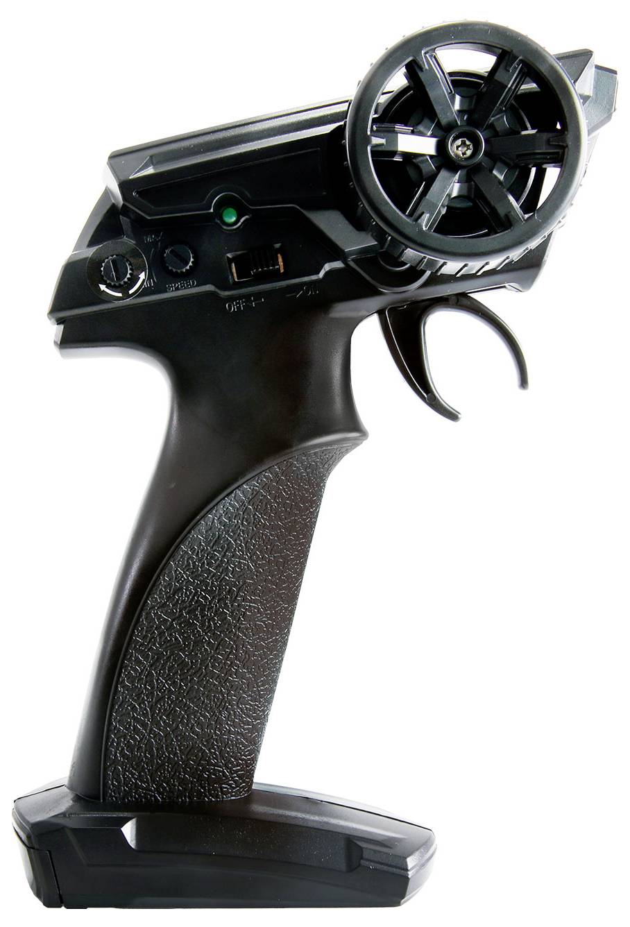 Schwarzer RC-Autocontroller mit Lenkrad, Auslöser und Powerswitch; Design geeignet für präzise Funksteuerungshandhabung.