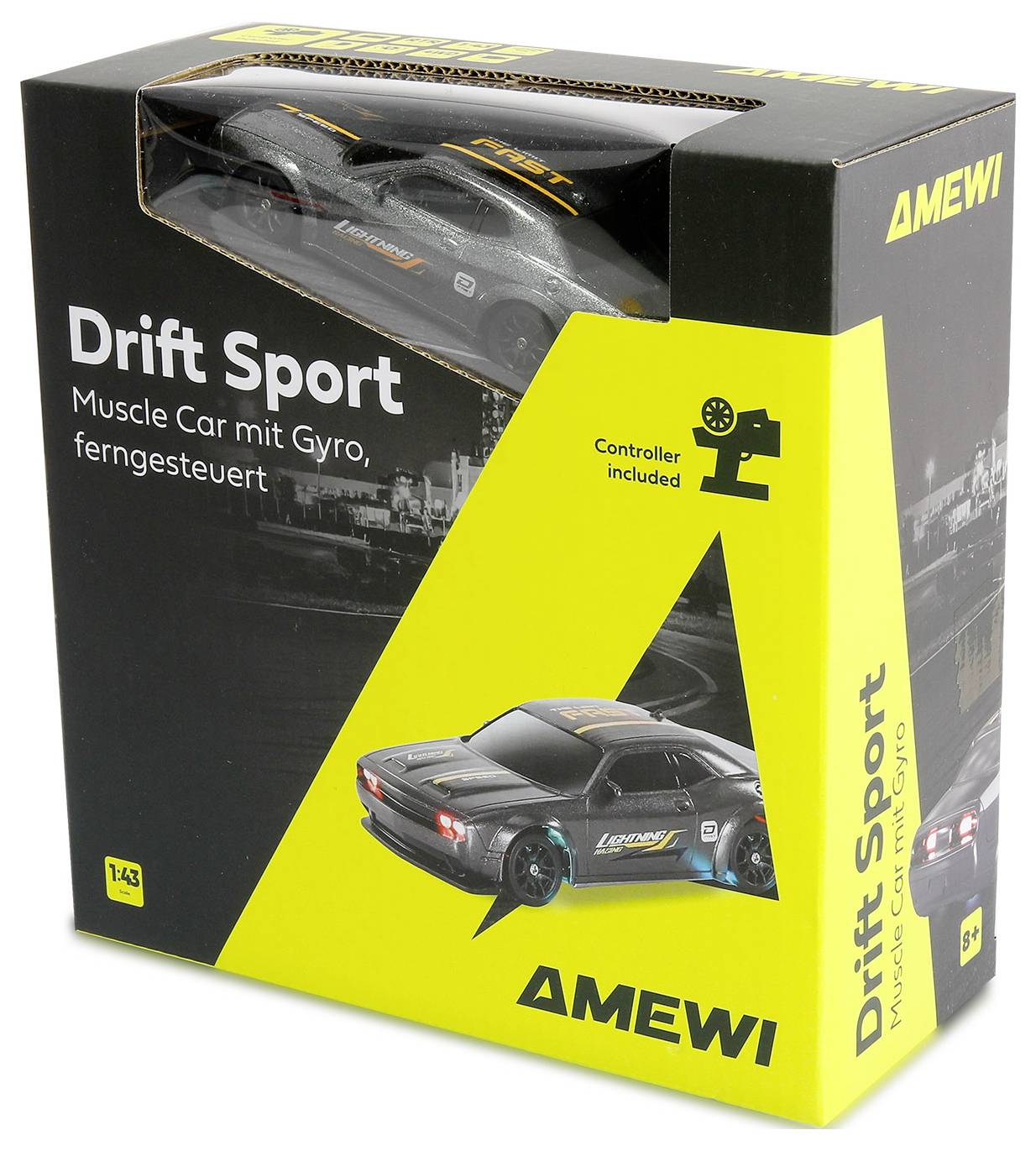 'Drift Sport' Fernlenkauto-Paket mit Abbildung eines schwarzen und grauen Automodells. Enthält Text: 'Muscle Car mit Gyro, ferngesteuert.'