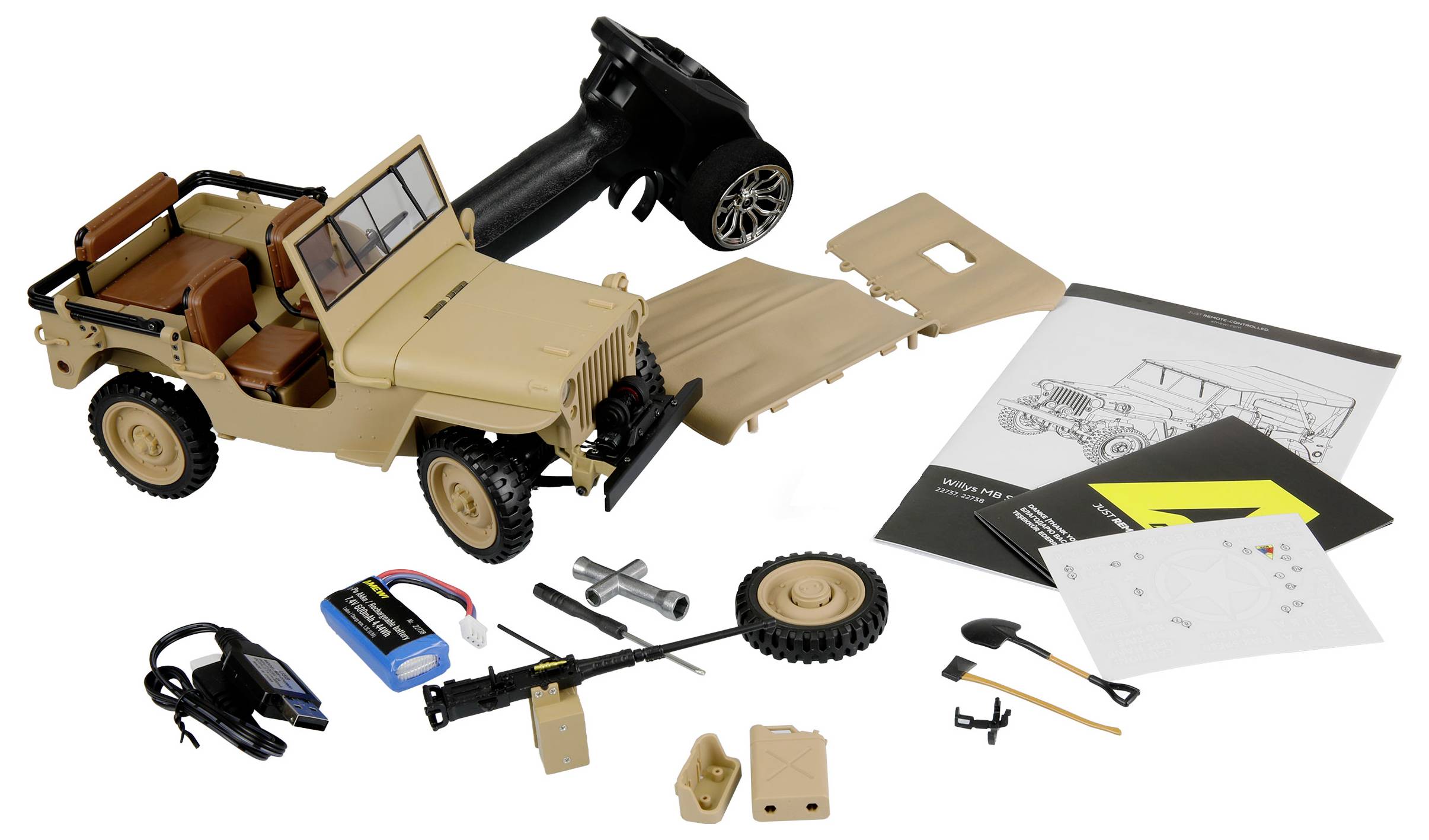 Modell-Jeep-Bausatz mit sandfarben Teilen, Fernbedienung, Rad, Batterie, Schaufel und Anleitung, die Montagekomponenten veranschaulicht.