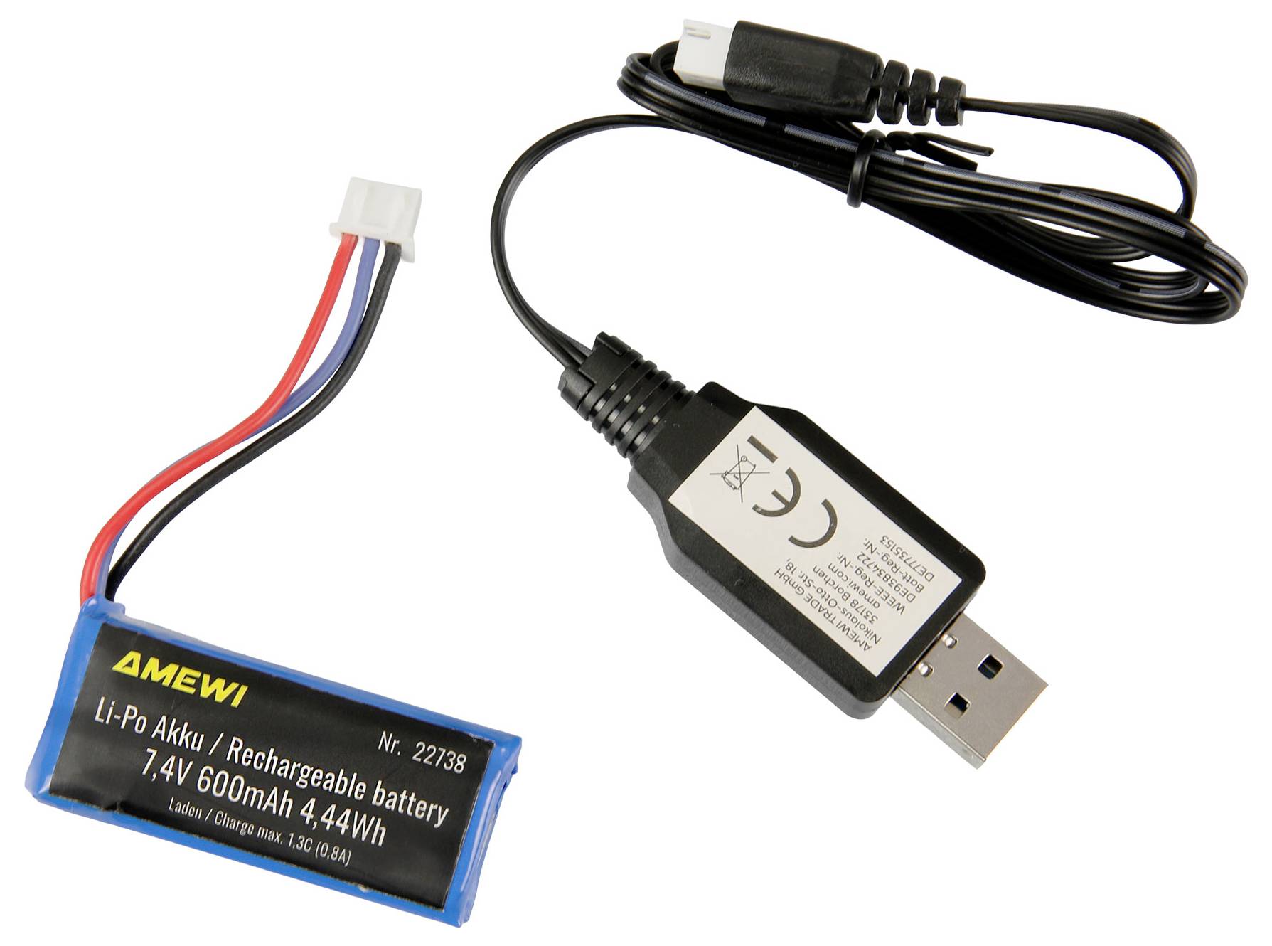 Eine blaue wiederaufladbare Li-Po-Batterie mit der Bezeichnung 'AMEWI' mit Spezifikationen, zusammen mit einem USB-Ladegerät und Kabel, die die Ladefähigkeit betonen.