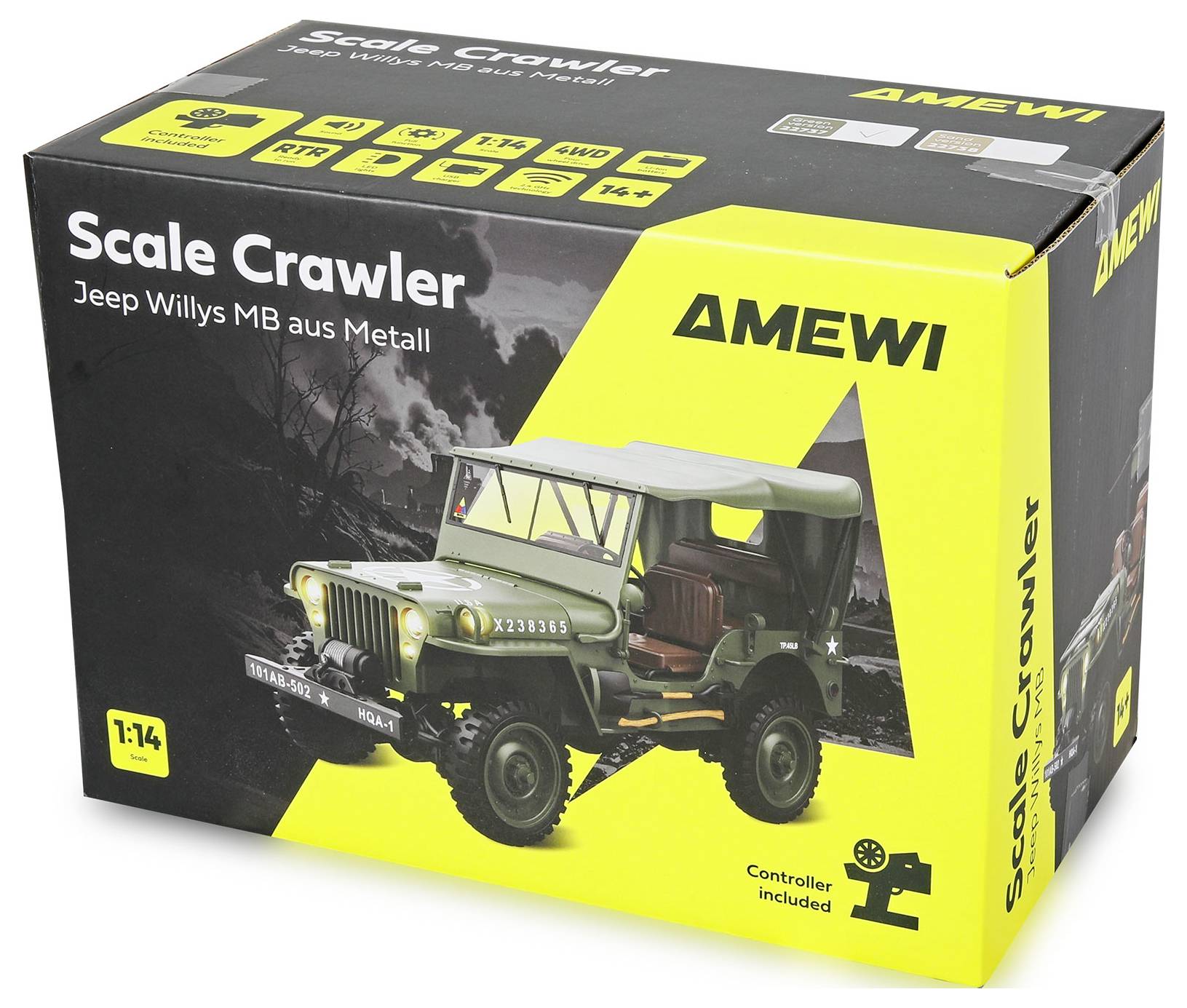 Metall-Scale Crawler Jeep Willys MB im Maßstab 1:14, ferngesteuert, geeignet für Personen ab 14 Jahren von Amewi.