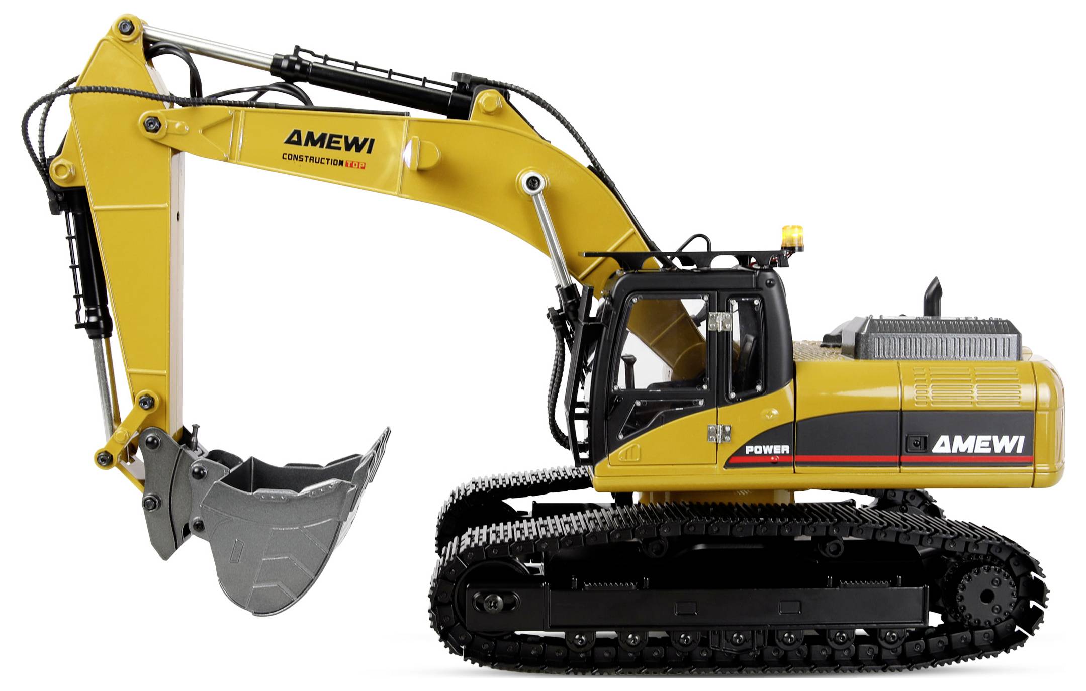 Ein gelber Bagger mit 'AMEWI CONSTRUCTION H845' am Ausleger und 'POWER' am Körper, ausgestattet mit einem Metallbucket und Kettenrädern.