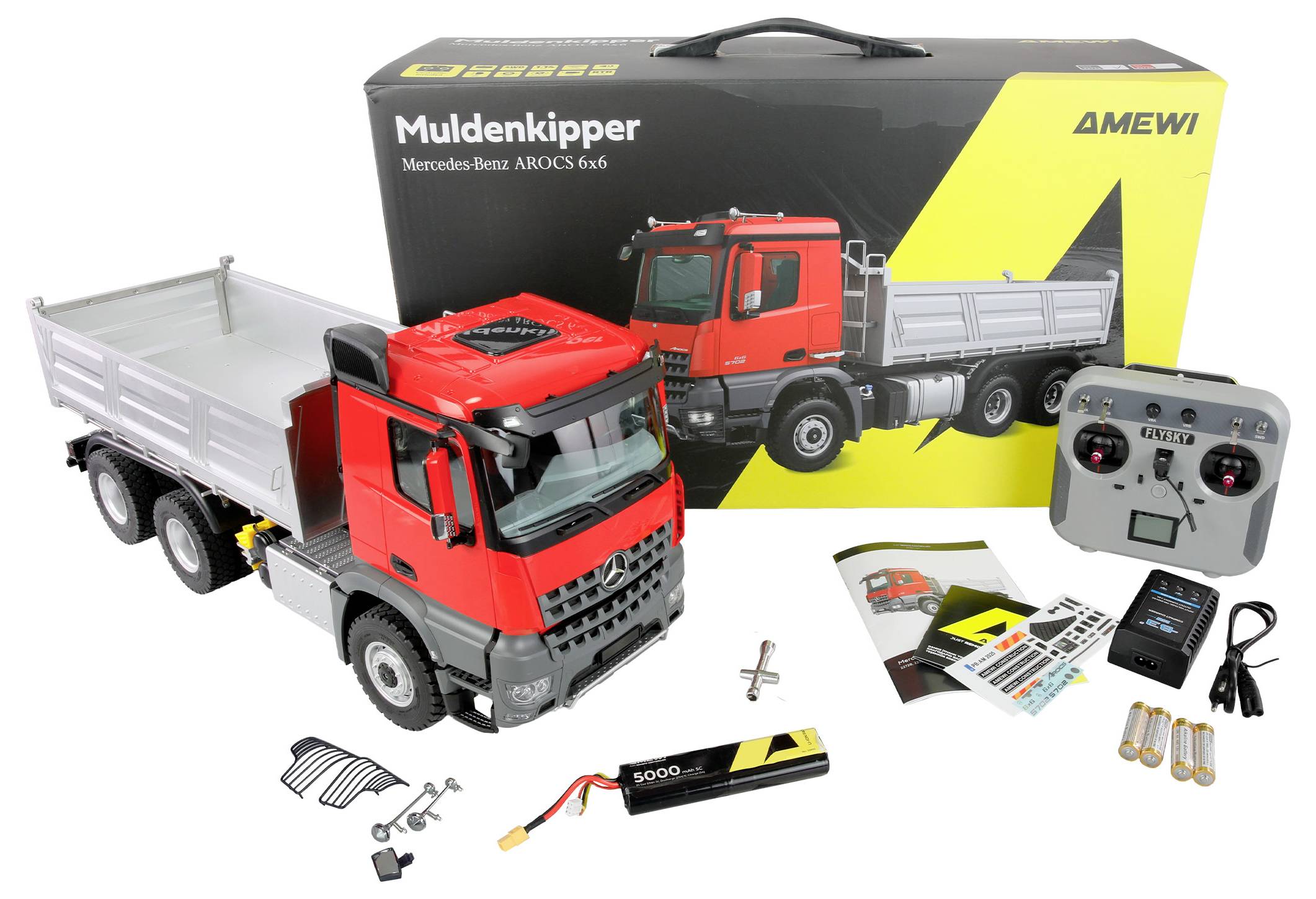 Roter Spielzeug-Kipplaster vor einer Box mit einem Bild des passenden Trucks. Inklusive Fernbedienung, Batterie, Ladegerät und kleinem Werkzeug.