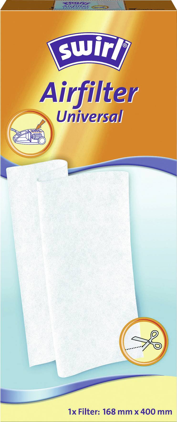 Das Bild zeigt eine Verpackung für den 'Swirl Airfilter Universal'. Sie enthält eine Abbildung eines Luftfilters und gibt eine Filtergröße von 168 mm x 400 mm an.