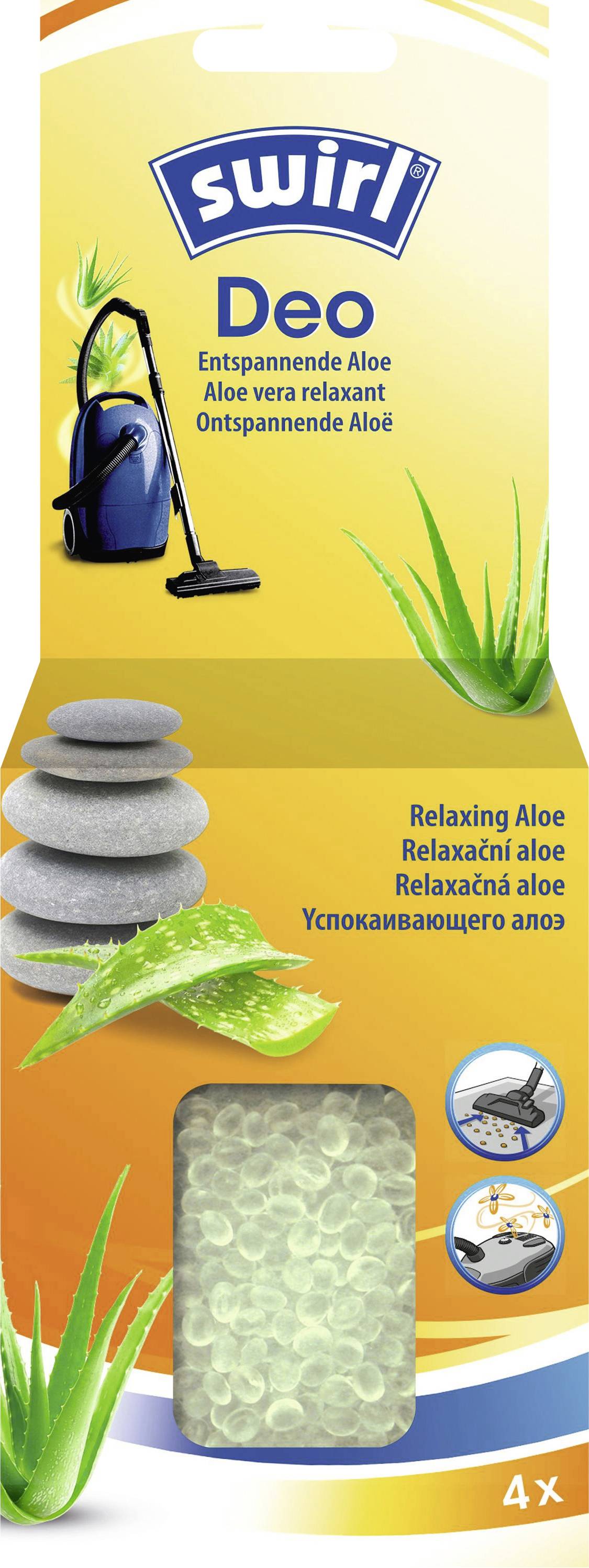 Swirl Deo' Staubsauger-Duft in entspannender Aloe-Duftnote mit einem Bild eines Staubsaugers, einer Aloe-Pflanze, Steinen und Duftperlen.