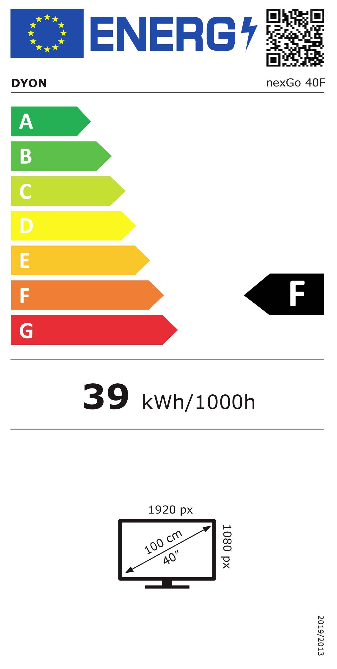 Energieeffizienz-Etikett für Dyon nexGo 40F TV: Klasse F, verbraucht 39 kWh/1000h. Bildschirmgröße: 100 cm (40 Zoll), Auflösung: 1920 x 1080 px.
