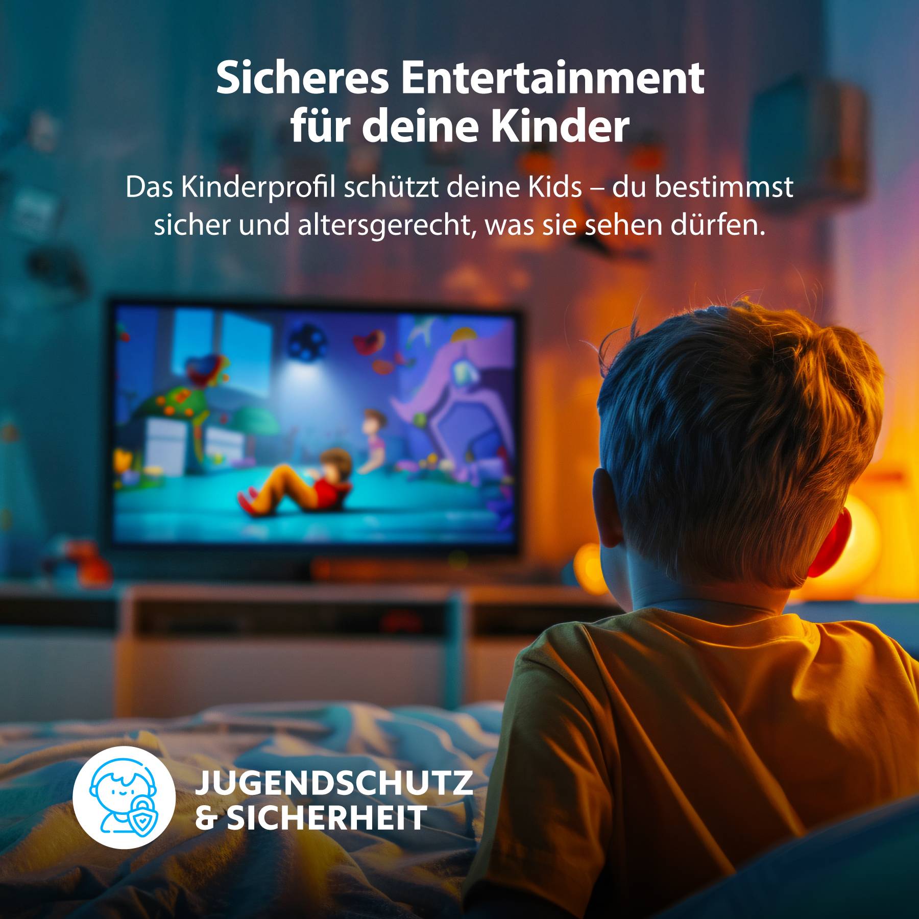 Ein Kind schaut mit einem Profil für Kindersicherheit fern. Text sagt: 'Jugendschutz & Sicherheit', 'Das Kinderprofil schützt deine Kinder'.