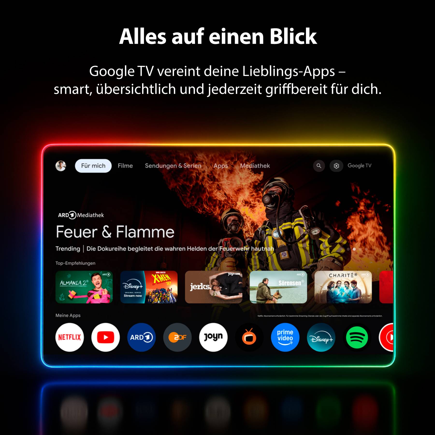 'Google TV vereint Lieblings-Apps. Bildschirm zeigt diverse Streamingdienste und Filmempfehlungen wie 