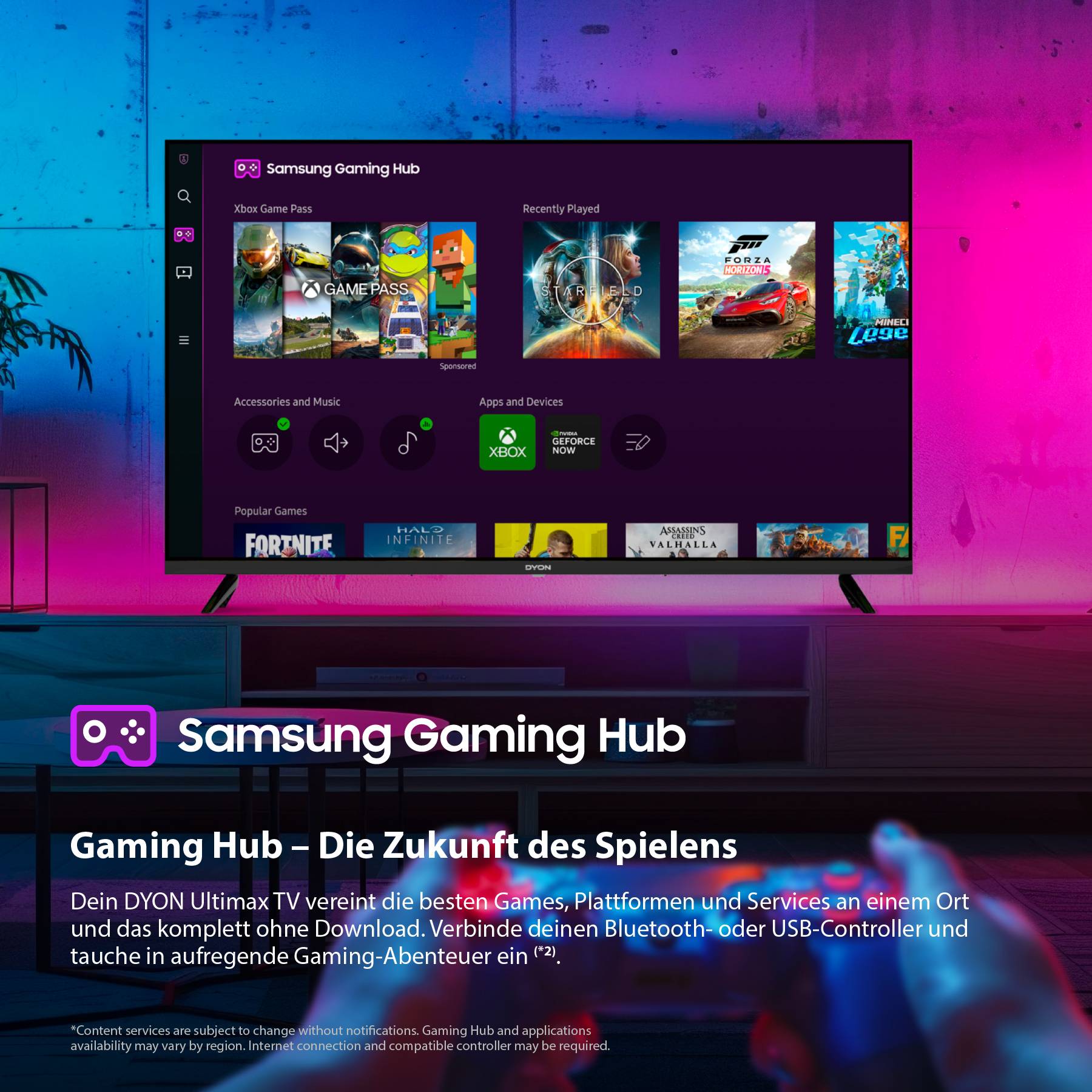 Auf einem Bildschirm wird der 'Samsung Gaming Hub' angezeigt, mit Apps und Spielen wie Fortnite. Darunter befindet sich der Text 'Gaming Hub - Die Zukunft des Spielens'.