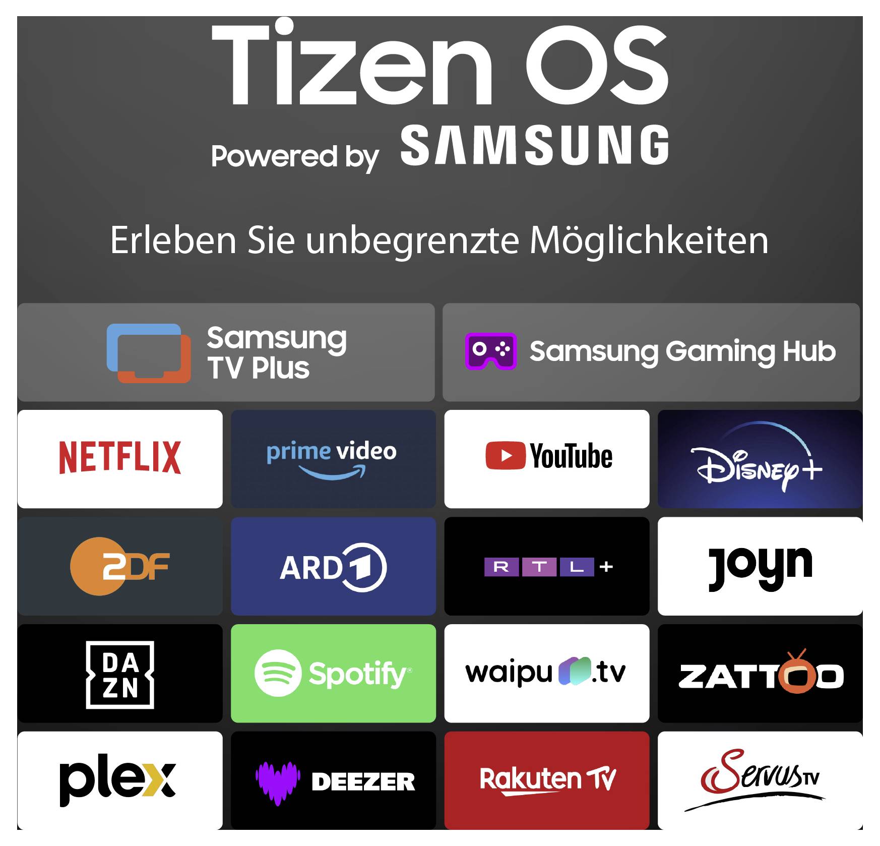 'Tizen OS powered by Samsung' zeigt verschiedene Streaming-Dienste als Logos. Text: 'Erleben Sie unbegrenzte Möglichkeiten'.
