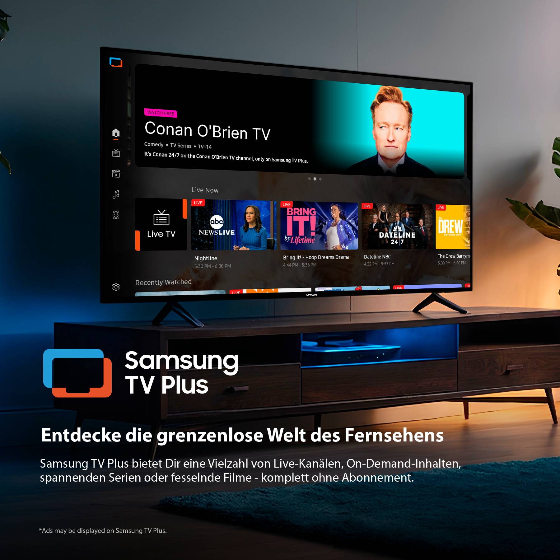 Ein moderner Fernseher zeigt verschiedene TV-Sendungen und Filme auf dem Bildschirm. Darunter steht: 'Entdecke die grenzenlose Welt des Fernsehens'.