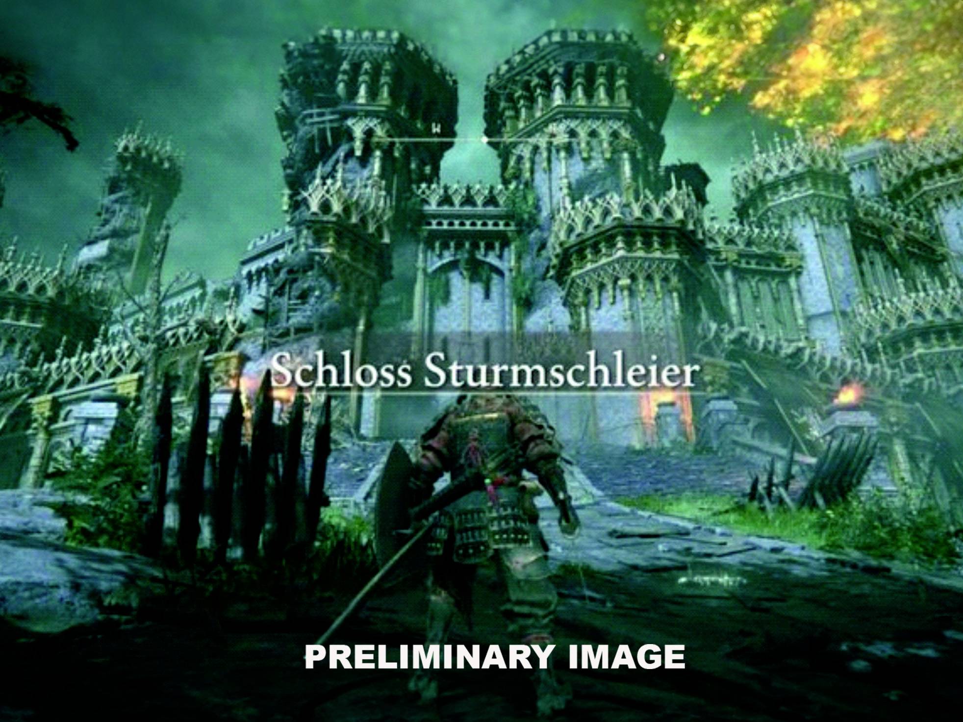 Ein Krieger steht vor einem großen, imposanten Schloss, umgeben von üppiger Vegetation, mit stürmisch grünem Himmel darüber. Text lautet 'Schloss Sturmschleier'.