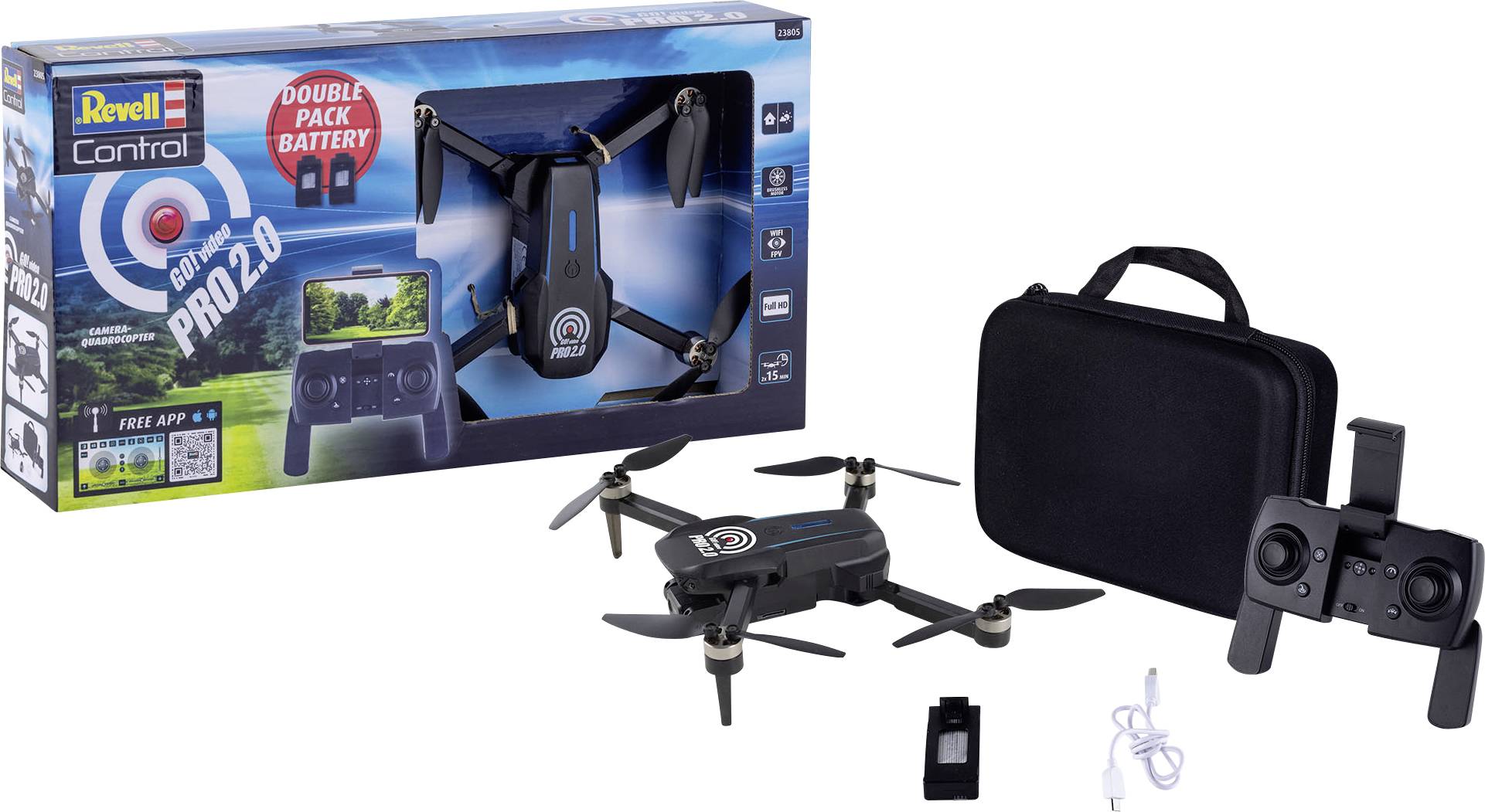 Verpackung und Inhalt des 'Revell Control Go! Video Pro 2.0' Drohne, einschließlich Drohne, Fernbedienung, Akku, Ladegerät und Transportkoffer.