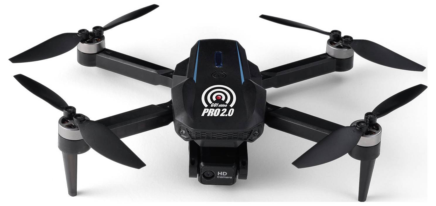 Quadrocopter-Drohne mit vier Rotoren, mit dem Label 'PRO 2.0'. Sie hat einen schwarzen Körper und ist mit einer HD-Kamera darunter ausgestattet.